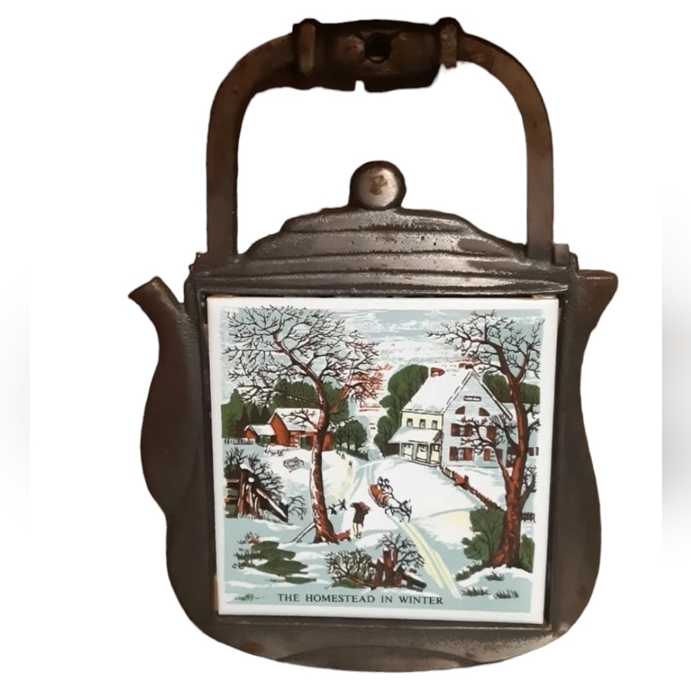 VTG SEVEN 7 STAR Cast Iron Tile Trivet “The Old Homestead in Winter" tea pot